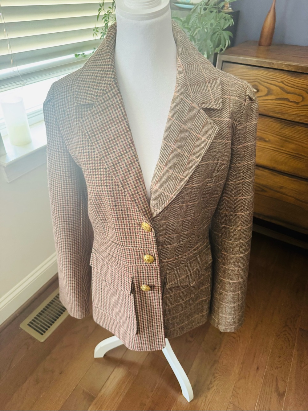 Anthropology - Avec Les Filles Brown Glen Plaid Blazer with Gold Buttons